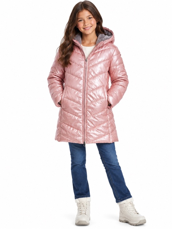 Lands' End Other - Lands’ End Girls M 10-12 Metallic Pink PrimaLoft Faux Fur Puffer Coat